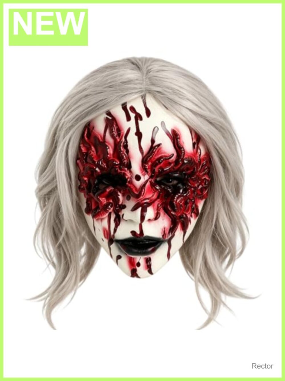 Scary Demon Mask with White Wig Bloody Worm Halloween Costume Adult